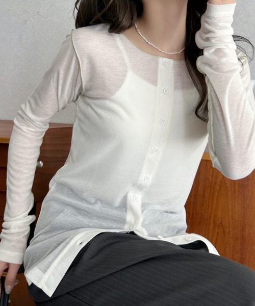 Eclat one(エクラワン)の「【Eclat one】配色 シアー メロー 2WAY トップス(Tシャツ/カットソー・レディース・グレー/ブラック/アイボリー・FREE)」の1枚目の写真