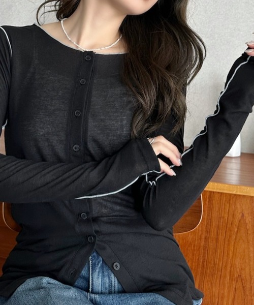 Eclat one(エクラワン)の「【Eclat one】配色 シアー メロー 2WAY トップス(Tシャツ/カットソー・レディース・グレー/ブラック/アイボリー・FREE)」の2枚目の写真