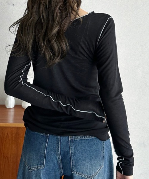 Eclat one(エクラワン)の「【Eclat one】配色 シアー メロー 2WAY トップス(Tシャツ/カットソー・レディース・グレー/ブラック/アイボリー・FREE)」の5枚目の写真