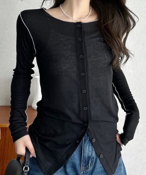 Eclat one(エクラワン)の「【Eclat one】配色 シアー メロー 2WAY トップス(Tシャツ/カットソー・レディース・グレー/ブラック/アイボリー・FREE)」の6枚目の写真