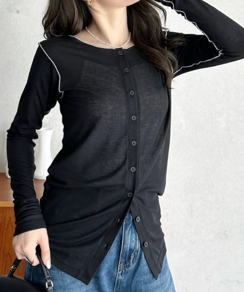 Eclat one(エクラワン)の「【Eclat one】配色 シアー メロー 2WAY トップス(Tシャツ/カットソー・レディース・グレー/ブラック/アイボリー・FREE)」の7枚目の写真