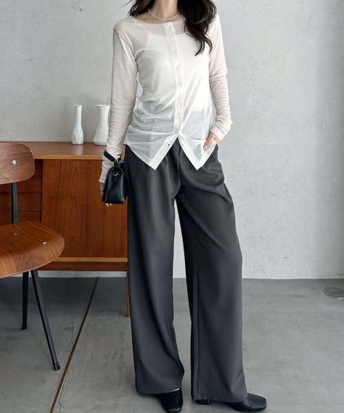 Eclat one(エクラワン)の「【Eclat one】配色 シアー メロー 2WAY トップス(Tシャツ/カットソー・レディース・グレー/ブラック/アイボリー・FREE)」の14枚目の写真
