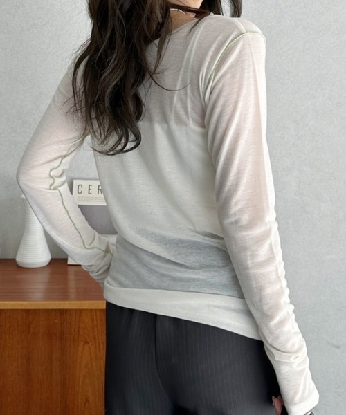 Eclat one(エクラワン)の「【Eclat one】配色 シアー メロー 2WAY トップス(Tシャツ/カットソー・レディース・グレー/ブラック/アイボリー・FREE)」の11枚目の写真