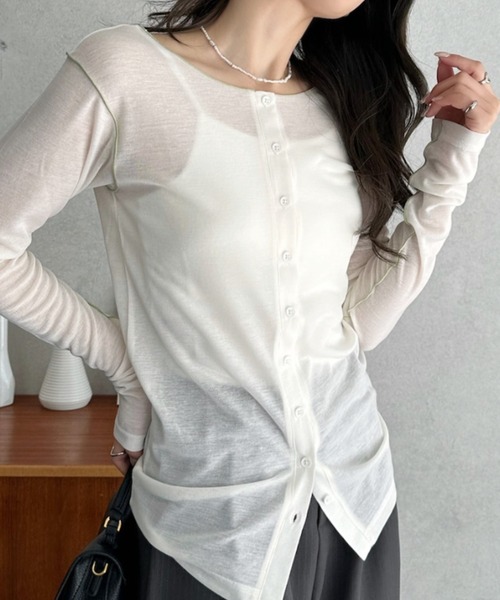 Eclat one(エクラワン)の「【Eclat one】配色 シアー メロー 2WAY トップス(Tシャツ/カットソー・レディース・グレー/ブラック/アイボリー・FREE)」の12枚目の写真