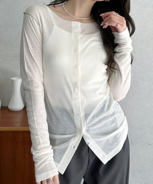 Eclat one(エクラワン)の「【Eclat one】配色 シアー メロー 2WAY トップス(Tシャツ/カットソー・レディース・グレー/ブラック/アイボリー・FREE)」の13枚目の写真