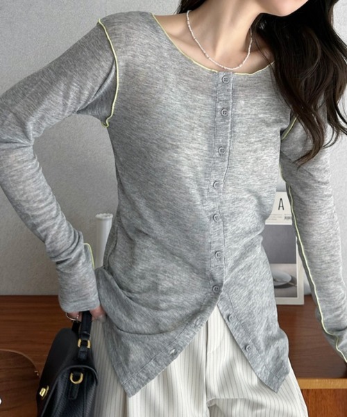 Eclat one(エクラワン)の「【Eclat one】配色 シアー メロー 2WAY トップス(Tシャツ/カットソー・レディース・グレー/ブラック/アイボリー・FREE)」の18枚目の写真