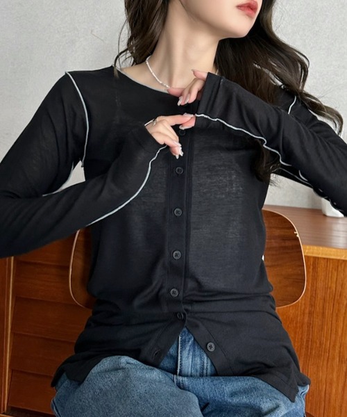 Eclat one(エクラワン)の「【Eclat one】配色 シアー メロー 2WAY トップス(Tシャツ/カットソー・レディース・グレー/ブラック/アイボリー・FREE)」の4枚目の写真
