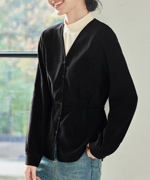 ONEP STAR(ワンピスター)の「ウエストリボンレイヤードVネックトップス(Tシャツ/カットソー・レディース・ブラック/カーキブラウン・X-LARGE/LARGE/MEDIUM)」の1枚目の写真