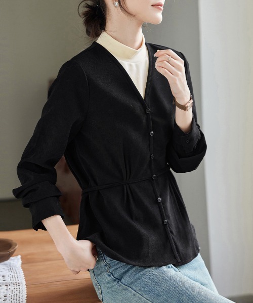 ONEP STAR(ワンピスター)の「ウエストリボンレイヤードVネックトップス(Tシャツ/カットソー・レディース・ブラック/カーキブラウン・X-LARGE/LARGE/MEDIUM)」の9枚目の写真