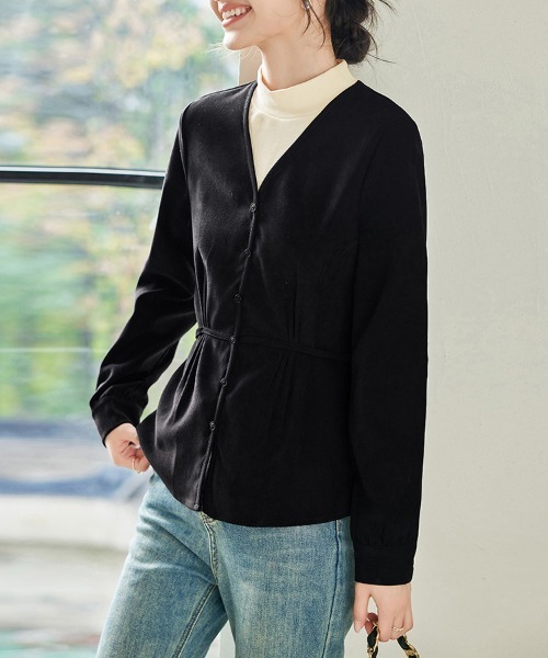ONEP STAR(ワンピスター)の「ウエストリボンレイヤードVネックトップス(Tシャツ/カットソー・レディース・ブラック/カーキブラウン・X-LARGE/LARGE/MEDIUM)」の11枚目の写真