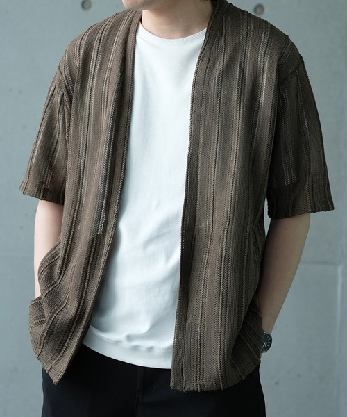 UNION STATION（ユニオンステーション）の「【WEB限定】シアストライプ半袖カーディガン＜ストレッチ・マシンウォッシャブル・通気性＞（Tシャツ/カットソー・メンズ・ネイビー/ベージュ/ブラック/カーキ・L/M）」の3枚目の写真