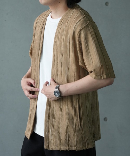 UNION STATION（ユニオンステーション）の「【WEB限定】シアストライプ半袖カーディガン＜ストレッチ・マシンウォッシャブル・通気性＞（Tシャツ/カットソー・メンズ・ネイビー/ベージュ/ブラック/カーキ・L/M）」の10枚目の写真