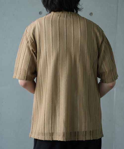 UNION STATION（ユニオンステーション）の「【WEB限定】シアストライプ半袖カーディガン＜ストレッチ・マシンウォッシャブル・通気性＞（Tシャツ/カットソー・メンズ・ネイビー/ベージュ/ブラック/カーキ・L/M）」の9枚目の写真