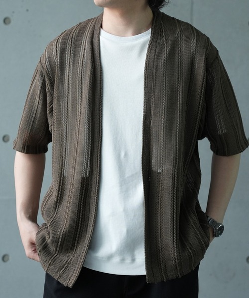 UNION STATION（ユニオンステーション）の「【WEB限定】シアストライプ半袖カーディガン＜ストレッチ・マシンウォッシャブル・通気性＞（Tシャツ/カットソー・メンズ・ネイビー/ベージュ/ブラック/カーキ・L/M）」の6枚目の写真