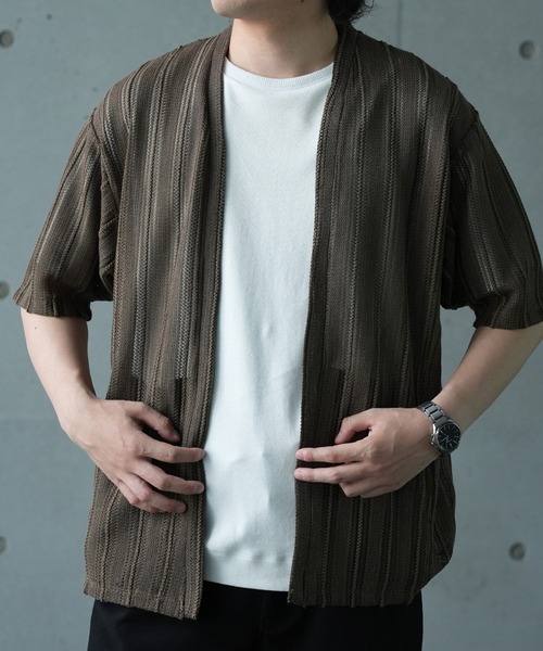 UNION STATION（ユニオンステーション）の「【WEB限定】シアストライプ半袖カーディガン＜ストレッチ・マシンウォッシャブル・通気性＞（Tシャツ/カットソー・メンズ・ネイビー/ベージュ/ブラック/カーキ・L/M）」の5枚目の写真