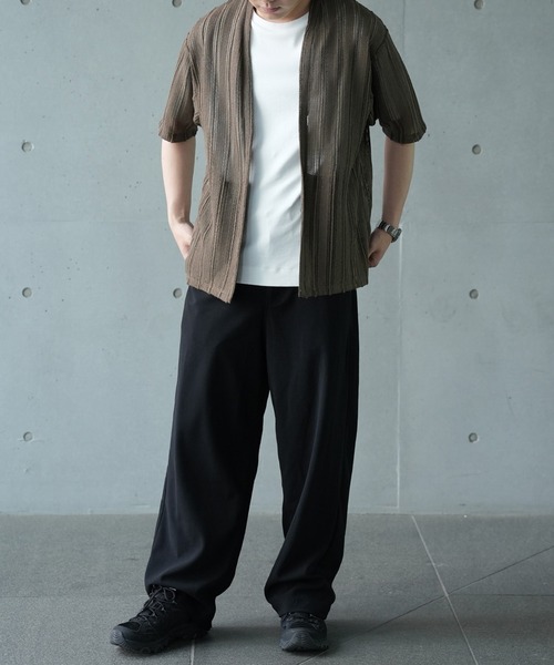 UNION STATION（ユニオンステーション）の「【WEB限定】シアストライプ半袖カーディガン＜ストレッチ・マシンウォッシャブル・通気性＞（Tシャツ/カットソー・メンズ・ネイビー/ベージュ/ブラック/カーキ・L/M）」の7枚目の写真