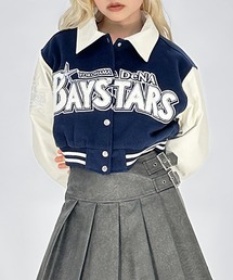 ISOOK（アイスー）の「[横浜 DeNA BAYSTARS 公認ライセンス商品]BAYSTARS CROPPED VARSITY JACKET/横浜DeNAベイスターズ スタジャン クロップド ショート 刺繍  アウター 3カラー ブラック ネイビー ワインレッド（スタジャン）」