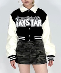ISOOK（アイスー）の「[横浜 DeNA BAYSTARS 公認ライセンス商品]BAYSTARS CROPPED VARSITY JACKET/横浜DeNAベイスターズ スタジャン クロップド ショート 刺繍  アウター 3カラー ブラック ネイビー ワインレッド（スタジャン）」