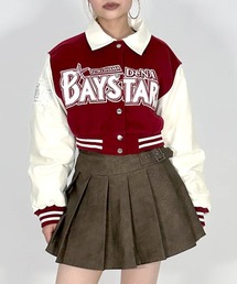 ISOOK（アイスー）の「[横浜 DeNA BAYSTARS 公認ライセンス商品]BAYSTARS CROPPED VARSITY JACKET/横浜DeNAベイスターズ スタジャン クロップド ショート 刺繍  アウター 3カラー ブラック ネイビー ワインレッド（スタジャン）」