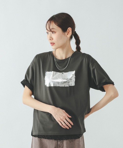 GLOBAL WORK（グローバルワーク）の「リッチクリーンプリントT半袖/636780（Tシャツ/カットソー・レディース・グレー系その他7/ホワイト/ホワイト系2/ダークグレー/ネイビー/ホワイト系その他/ダークブラウン/レッド/ホワイト系1/グレイッシュベージュ/ホワイト系3/チャコールグレー・XX-LARGE/X-LARGE/X-SMALL/LARGE/MEDIUM/SMALL）」の8枚目の写真