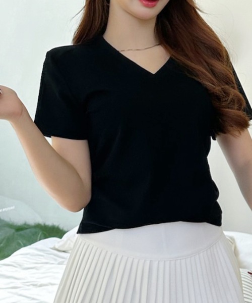 Ada.(エイダ)の「サイドギャザー コンパクト丈 Vネック シンプル トップス(Tシャツ/カットソー・レディース・ブルー/ホワイト/グレー/ブラック・FREE)」の13枚目の写真