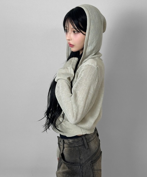 FOLLOWIN(フォロウィン)の「4color/ロゴ刺繍ニットジップフーディカーディガン【冷房/UV対策/羽織にぴったり】(カーディガン/ボレロ・レディース・ホワイト/ブラック/アイボリー/グレー・FREE)」の5枚目の写真