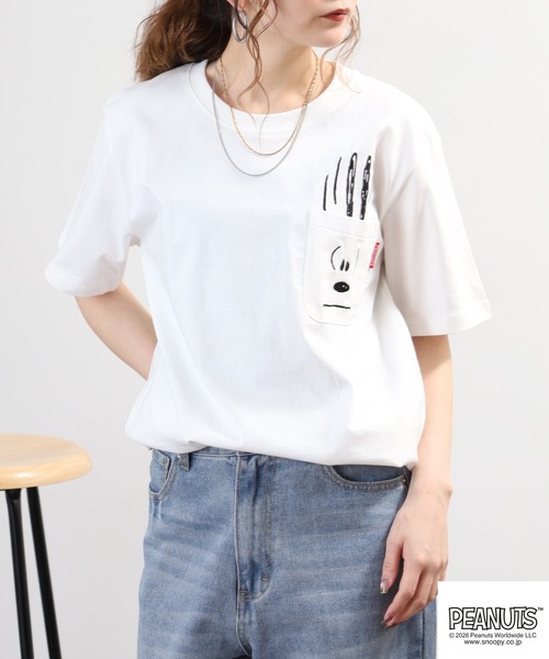 PEANUTS（ピーナッツ）の「PEANUTS刺繍ポケットTシャツ 半袖（Tシャツ/カットソー・レディース・ブラック/ホワイト系/サックスブルー系/オフホワイト/杢グレー/ネイビー・LL/M/L）」の18枚目の写真