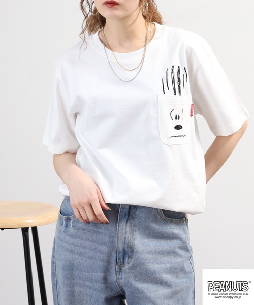 PEANUTS（ピーナッツ）の「PEANUTS刺繍ポケットTシャツ 半袖（Tシャツ/カットソー・レディース・ブラック/ホワイト系/サックスブルー系/オフホワイト/杢グレー/ネイビー・LL/M/L）」の19枚目の写真