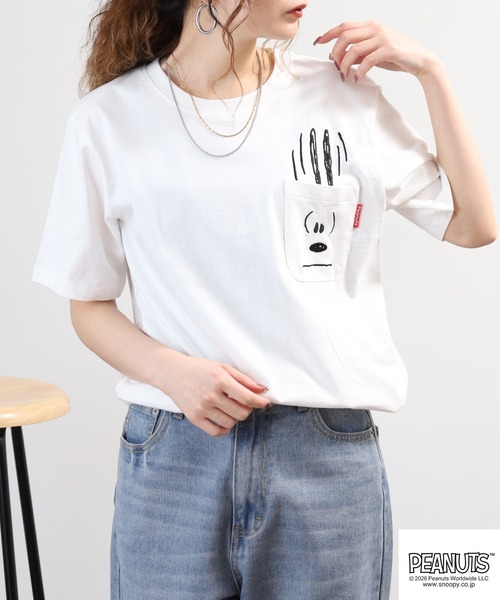 PEANUTS（ピーナッツ）の「PEANUTS刺繍ポケットTシャツ 半袖（Tシャツ/カットソー・レディース・ブラック/ホワイト系/サックスブルー系/オフホワイト/杢グレー/ネイビー・LL/M/L）」の20枚目の写真
