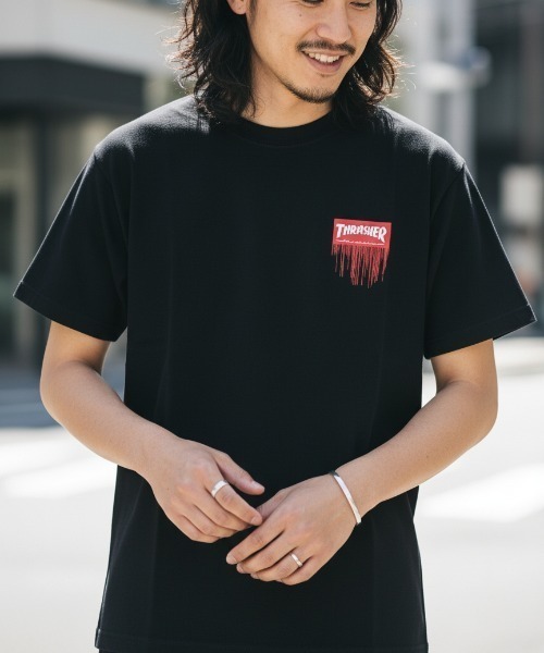 THRASHER（スラッシャー）の「Dripped BOX LOGO S/S T-SHIRTS/THRASHER スラッシャー  Dripped BOX LOGO 半袖Tシャツ ボックスロゴ ドリップロゴ ワンポイント クルーネック ストリート スケート（Tシャツ/カットソー・メンズ・ホワイト×レッド/ブラック×レッド・SMALL/MEDIUM/LARGE/X-LARGE）」の2枚目の写真