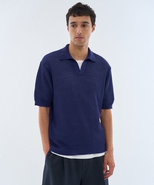 ESTNATION(エストネーション)の「ESTNATION / リネンコットン スキッパーニット(ニット/セーター・メンズ・ベージュ/ネイビー・MEDIUM/LARGE)」の2枚目の写真