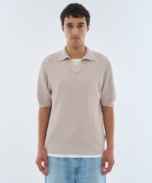 ESTNATION(エストネーション)の「ESTNATION / リネンコットン スキッパーニット(ニット/セーター・メンズ・ベージュ/ネイビー・MEDIUM/LARGE)」の3枚目の写真