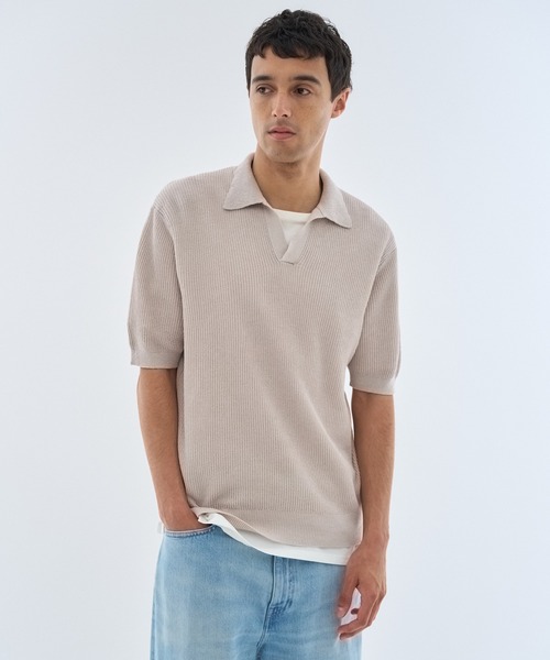 ESTNATION(エストネーション)の「ESTNATION / リネンコットン スキッパーニット(ニット/セーター・メンズ・ベージュ/ネイビー・MEDIUM/LARGE)」の4枚目の写真
