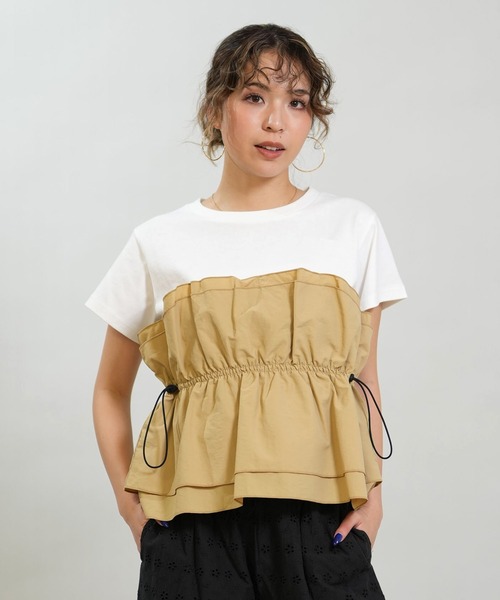 RIKKA FEMME(リッカファム)の「RIKKA FEMME/リッカファム 半袖 Tシャツ ドロスト ギャザー ドッキングカットソー RF6S-2106(Tシャツ/カットソー・レディース・ブラック/カーキ/ベージュ・FREE)」の2枚目の写真