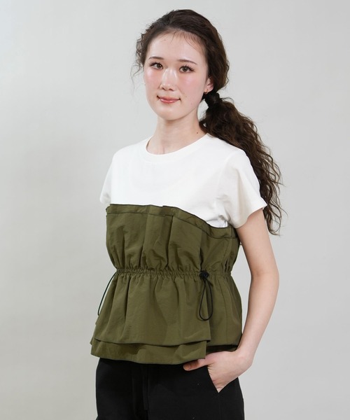 RIKKA FEMME(リッカファム)の「RIKKA FEMME/リッカファム 半袖 Tシャツ ドロスト ギャザー ドッキングカットソー RF6S-2106(Tシャツ/カットソー・レディース・ブラック/カーキ/ベージュ・FREE)」の3枚目の写真