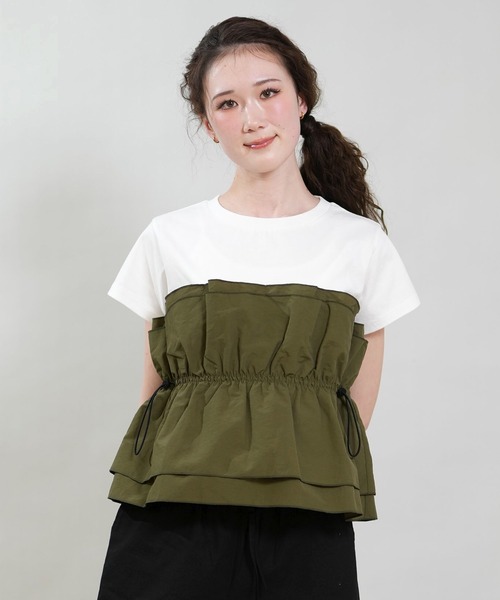 RIKKA FEMME(リッカファム)の「RIKKA FEMME/リッカファム 半袖 Tシャツ ドロスト ギャザー ドッキングカットソー RF6S-2106(Tシャツ/カットソー・レディース・ブラック/カーキ/ベージュ・FREE)」の14枚目の写真