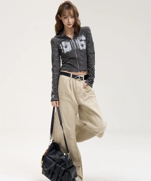 FUNdaysion(ファンデイション)の「ボーダークロップドジップトップス(Tシャツ/カットソー・レディース・ブラック/グレー・M)」の6枚目の写真