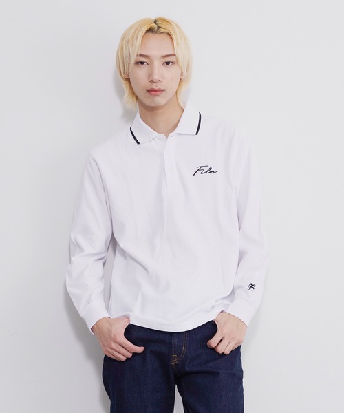 FILA（フィラ）の「FILA/フィラ ポロシャツ 長袖 綿100% 鹿の子 筆記体ロゴ刺繍 衿ライン（ポロシャツ・メンズ・ホワイト/ネイビー/ブラック・L/LL/M）」の2枚目の写真