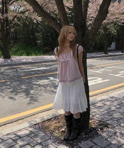 anyonemore(エニワンモア)の「スカーフセットドットリボン裾レースパフフレンチブラウス(シャツ/ブラウス・レディース・ピンク・FREE)」の13枚目の写真