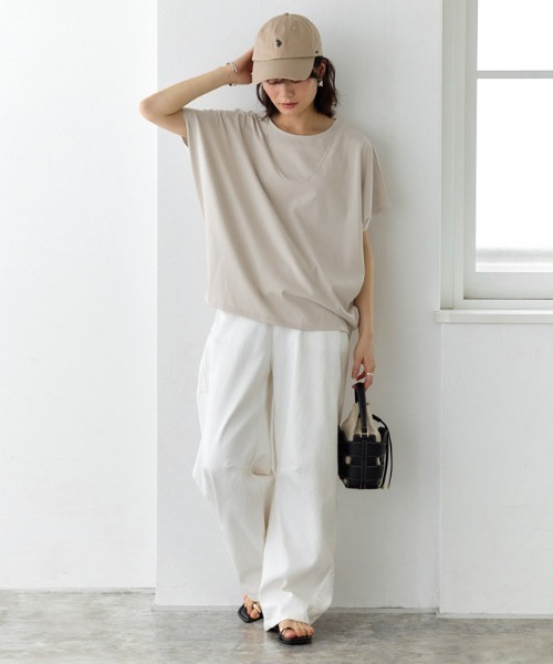 Pierrot(ピエロ)の「クルーネックフレンチスリーブドルマンカットソー(Tシャツ/カットソー・レディース・ライトブルー/グレイッシュベージュ/ブラック/オフホワイト/チャコール・LL/L/M)」の14枚目の写真