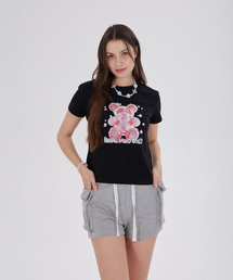 COTTON CANDY BEAR SEMI CROP T-SHIRT(BLACK/PINK)