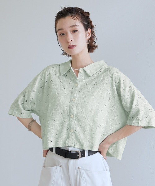 Yeoun(ヨウン)の「レース楊柳シャツトップス(シャツ/ブラウス・レディース・オフホワイト/ミント/ブラック・M)」の3枚目の写真