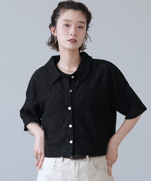 Yeoun(ヨウン)の「レース楊柳シャツトップス(シャツ/ブラウス・レディース・オフホワイト/ミント/ブラック・M)」の15枚目の写真