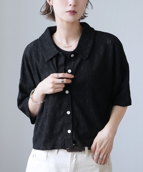 Yeoun(ヨウン)の「レース楊柳シャツトップス(シャツ/ブラウス・レディース・オフホワイト/ミント/ブラック・M)」の12枚目の写真