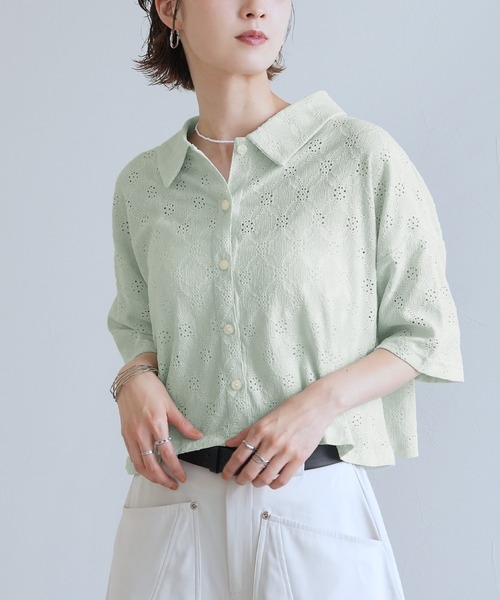 Yeoun(ヨウン)の「レース楊柳シャツトップス(シャツ/ブラウス・レディース・オフホワイト/ミント/ブラック・M)」の22枚目の写真