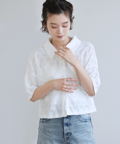 Yeoun(ヨウン)の「レース楊柳シャツトップス(シャツ/ブラウス・レディース・オフホワイト/ミント/ブラック・M)」の6枚目の写真