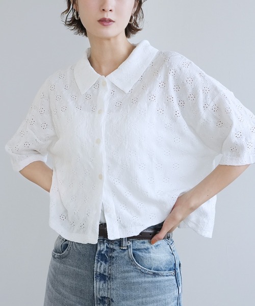 Yeoun(ヨウン)の「レース楊柳シャツトップス(シャツ/ブラウス・レディース・オフホワイト/ミント/ブラック・M)」の4枚目の写真