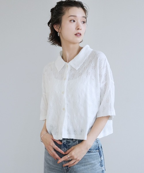 Yeoun(ヨウン)の「レース楊柳シャツトップス(シャツ/ブラウス・レディース・オフホワイト/ミント/ブラック・M)」の9枚目の写真