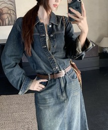 デニムワンピース レディース シャツワンピ ロング丈 長袖 ウエストベルト付き