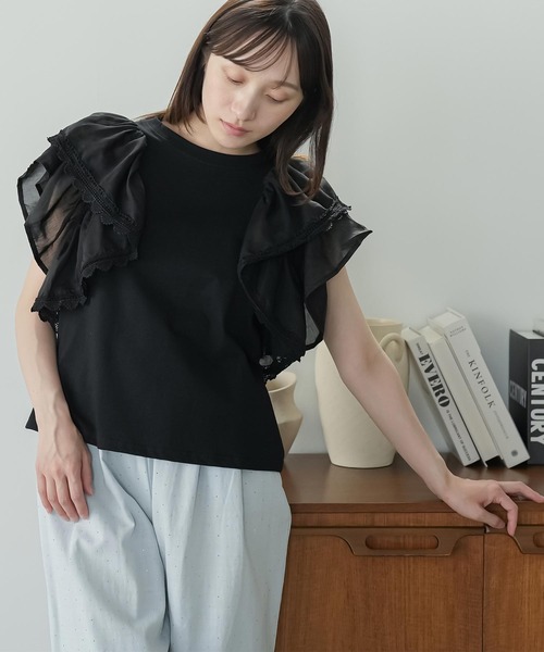mili an deni（ミリアンデニ）の「ラッフルスリーブTシャツ（Tシャツ/カットソー・レディース・オフホワイト/ブラック・M）」の14枚目の写真